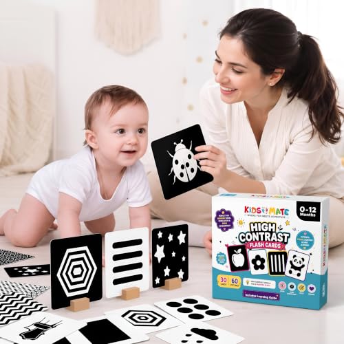 Image of Kidsmate Large Flash Cards for Babies 0-12 Months | High Contrast Black & White 60 Double-Sided Cards for Newborn Learning, Visual Stimulation, Brain Development & Tummy Time (Holder Included)