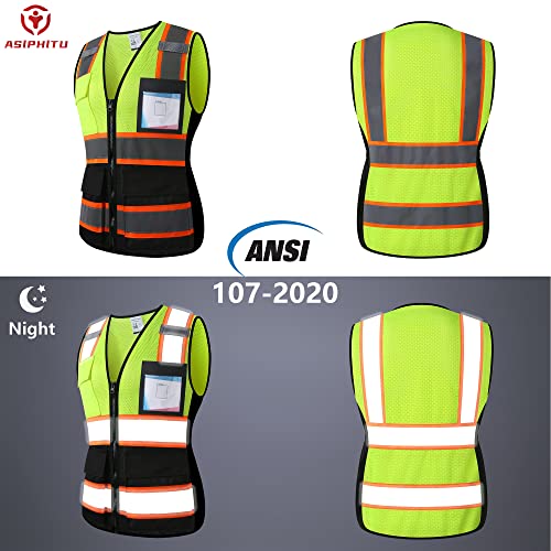 Image of Safety Vest for Men Women Reflective Construction Vest Hi Vis ANSI Standard | ANSI Standard, 8 utility Pockets 4 Reflective Strips with Neon trim High Visibilty Breathable Mesh Safety Apparel for Work