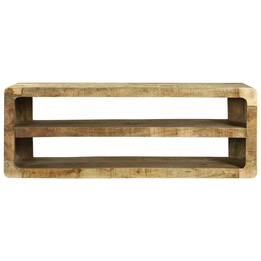Mueble bajo para TV (madera maciza, mango marrón, 100 x 32 x 36 cm) | Mueble bajo resistente para sala de estar con dos compartimentos abiertos para dispositivos multimedia y decoración.
