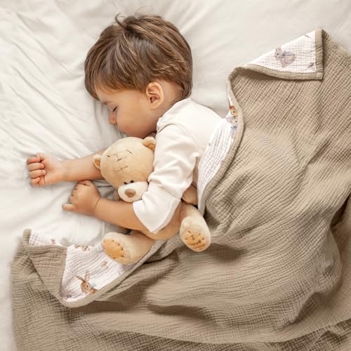 Image of lulumoon Muslin Baby Blanket Neutral: Cotton Toddler Blanket for Daycare | Soft Reversible Crib Bedding with Bunny - Lightweight 4-Layer Muslin for Stroller, Tummy Time & Travel, 47 inchx47 inch(Bunny)
