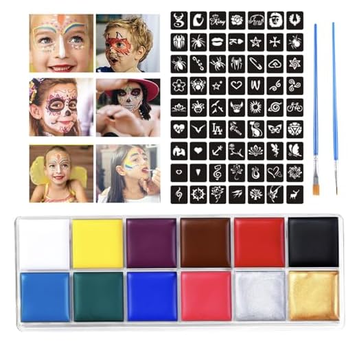 HISUNBEN Peinture Visage 12 Couleurs -Motif + 2 pinceaux- Fard Gras Peinture Corporelle Longue Durée Sécurité, Palette de Maquillage Halloween pour Enfants et Adultes,Carnaval,Scène,Cosplay