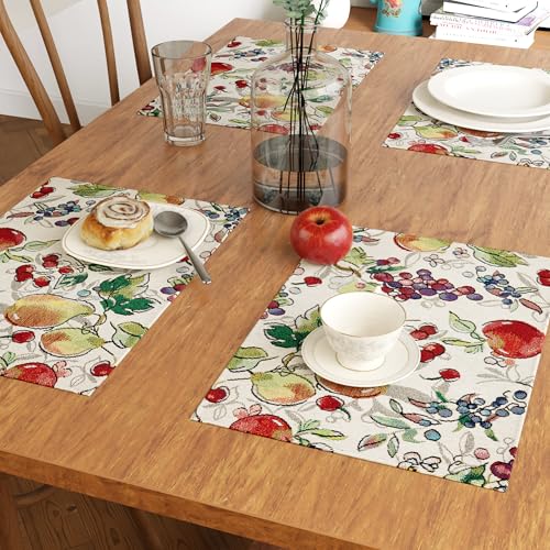 Image of Encasa XO Boho Jacquard Woven Dining Table Placemats, Vintage Fruit | Tapestry Style | Machine Washable | Stain & Heat Resistant | Non-Fading Non-Shrink Fabric | Set of 4