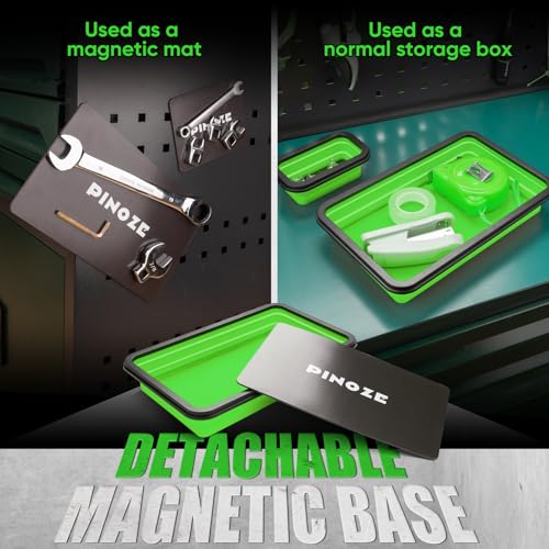 Image of PINOZE Collapsible Magnetic Parts Organizer Trays & 12 inch Flexible Magnetic Pickup Tool, 3 Different Size Magnet Tool Trays & Pick-Up Sweeper for Screw, Bolts, Nuts, Washers, Pins and Metal Parts, Green