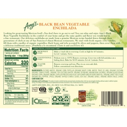 Amys Organic Black Bean Enchilada Whole Meal, 10 Ounce -- 12 per case