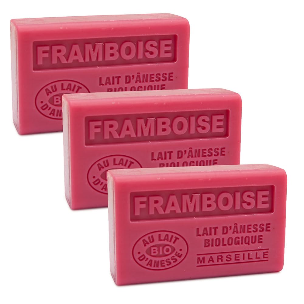 Label Provence Savon de Marseille - French Soap Made With Fresh Organic Donkey Milk - Raspberry Fragrance - 125 Gram Bar - Set of 3