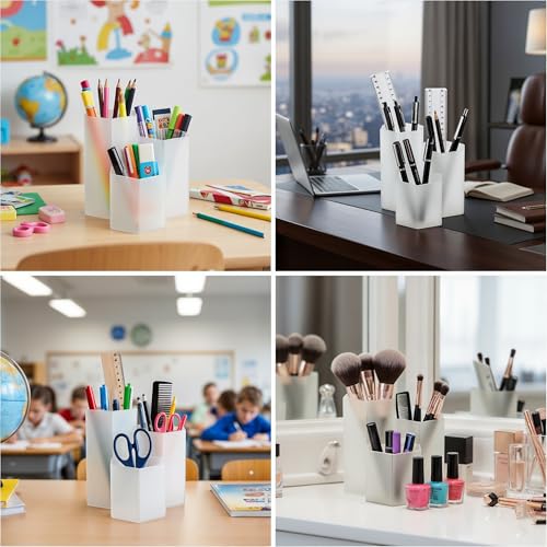 Image of Clear Pencil Holder for Desk | 3 Compartment Organizer Desk Cute Pen Holder | Hexagonal Shape Pencil Cups for Classroom, Offices, Teacher Desks | Multipurpose Make up Organizers and Storage Accessory
