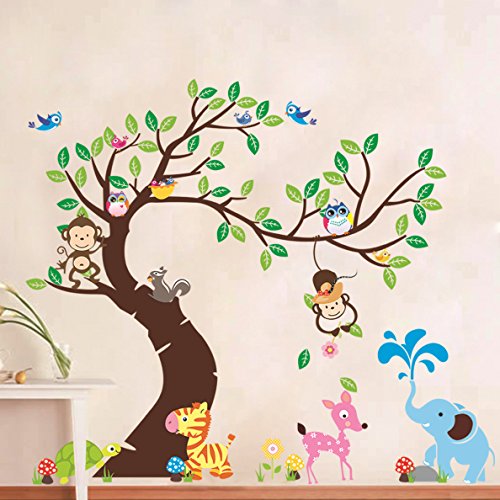 zooarts Hibou Singes Éléphant animal Paradise Sticker mural en vinyle Stickers muraux Decor Chambre Salon Chambre Papier peint pour enfant