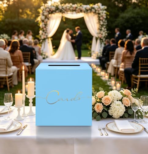 Image of HEIPINIUYE Light Blue Wedding Card Box with Gold Foil 9.8 inch x 9.8 inch Blue Large Gift Card Box for Party Wedding Reception Graduation Birthday Baby Shower Cardboard Raffle Envelope Box with Slot
