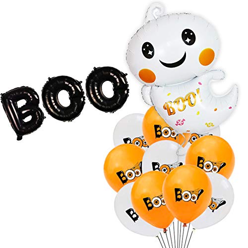 OMG Party Factory - Halloween Balloons Decorations | Ghost Balloon Decor in Orange, Black & White + Boo Banner | Supplies for Kids Halloween Event | Mylar Foil Helium Set