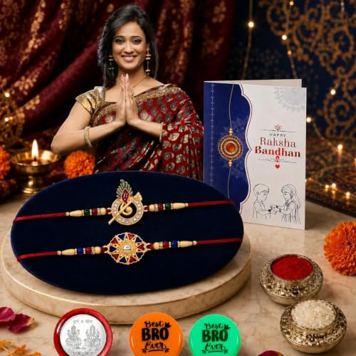 Image of Oblivion Raksha Bandhan Gift Set for 2 Brothers | 1 Murli Design Rakhi and 1 Round-Shaped Designer Rakhi | 2 Best Bro Badges, Roli Chawal, Metal Shubh Labh Coin and Greeting Card