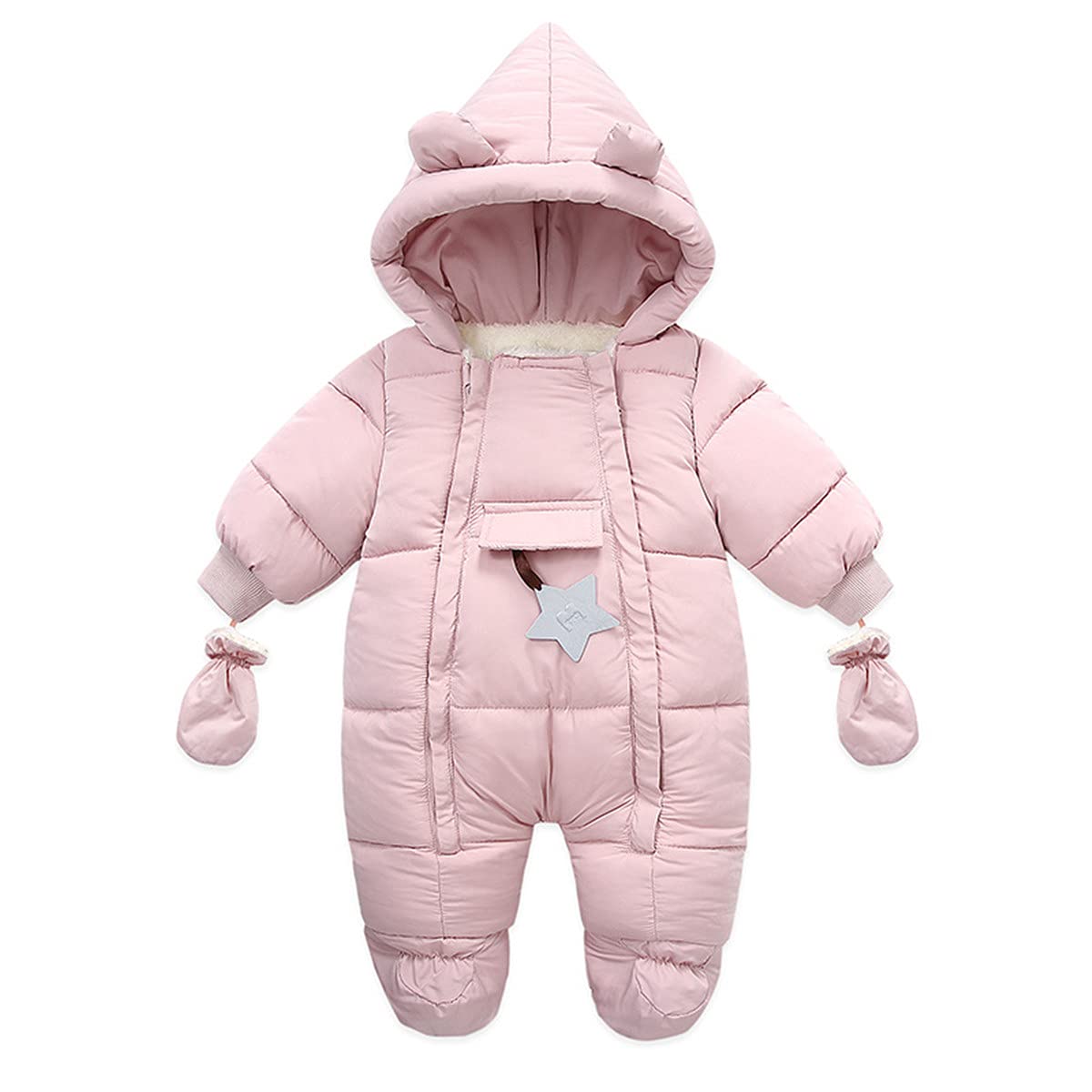 JELEUON Baby Girls Boys One Piece Footed Hooded Fur Trim Winter Warm Down Jacket Jumpsuit Romper Snowsuit with Gloves (9-12 Months, Star-Pink)