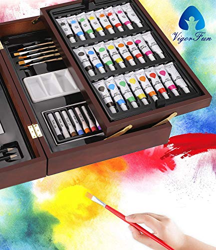 image for Vigorfun Deluxe Art Set in Wooden Case, with Soft & Oil Pastels, Acryl