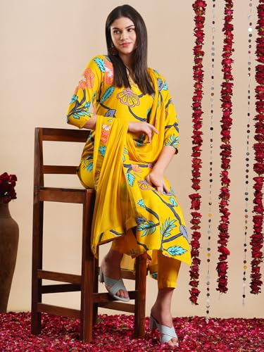 Image of GoSriKi Women's Rayon Blend Straight Printed Kurta with Pant & Dupatta