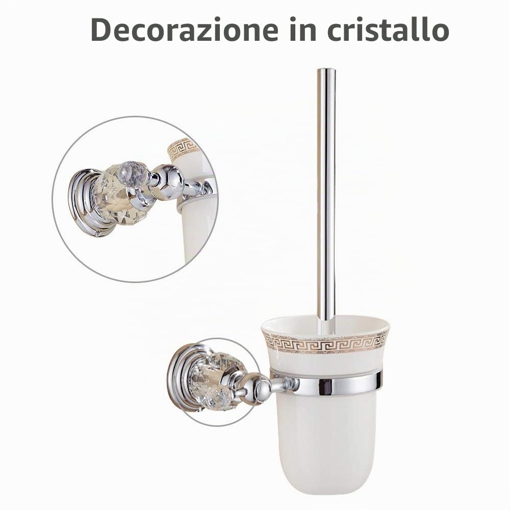 Porta scopino in argento con tazza e spazzolino, moderno in lega di zinco con finitura cromata e costruzione in ceramica per WC a parete