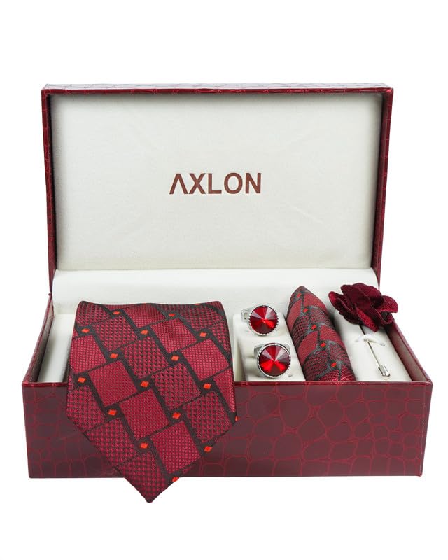 Image of Axlon Tie for Men - Micro Silk Neck Ties Set with Cufflinks Flower Pin, Pocket Square & Black Gift Box, Combo Necktie Sets for Office Wear, Formal Suits & Weddings (0, Checkpn)