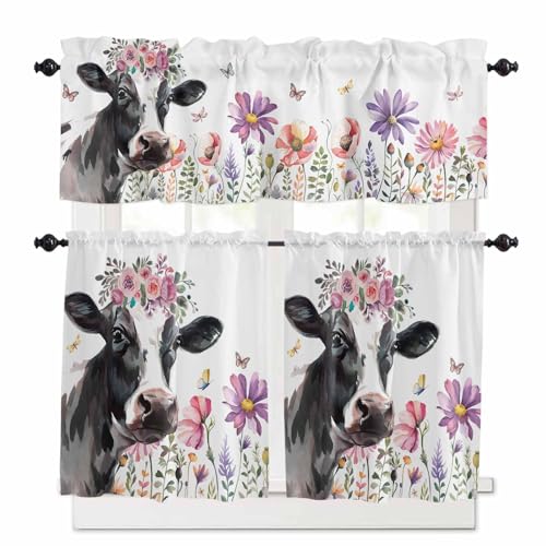 Cow Flower Kitchen Curtains 36 Inch Length,3 Piece Rod Pocket Small Half Tiers and Valance Set,Farmhouse Cattle Botanical Butterfly Floral Small Large Window Treatment Decor for Bedroom/Bathroom Sink