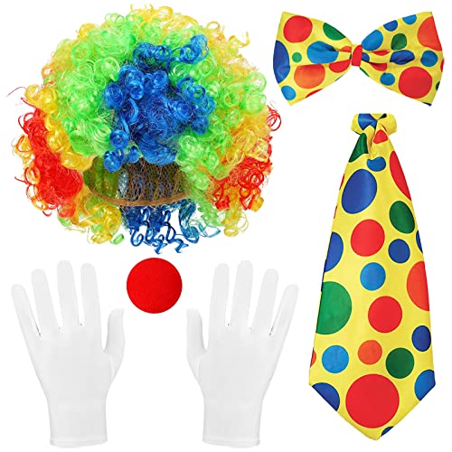 TOPJOWGA Clown Kostüm Accessoire, 5 Stück Clown Kostüm Set, Clown Lockenperücke, Krawatte, Clownschleife, Clownnase und Handschuhe, Clown Kostümzubehör, Clown Partys Karneval Kostüm Zubehör