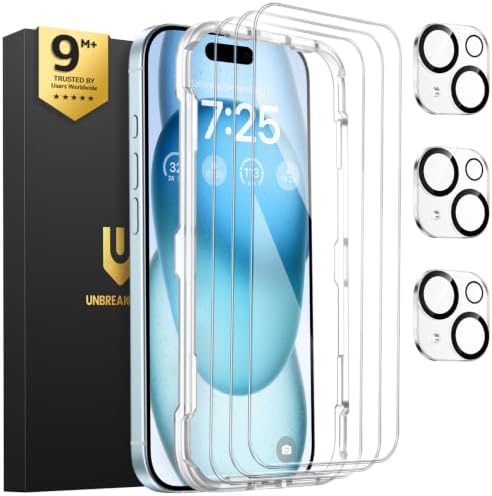 UNBREAKcable iPhone 15 Panzerglas Schutzfolie 3 Stück, Verbessertes Doppelt Gehärtetes Glas + 3 Kamera Schutz, Military-Grade 9H Härte, HD-klar, Anti-Fingerprint, Hüllenfreundlich,