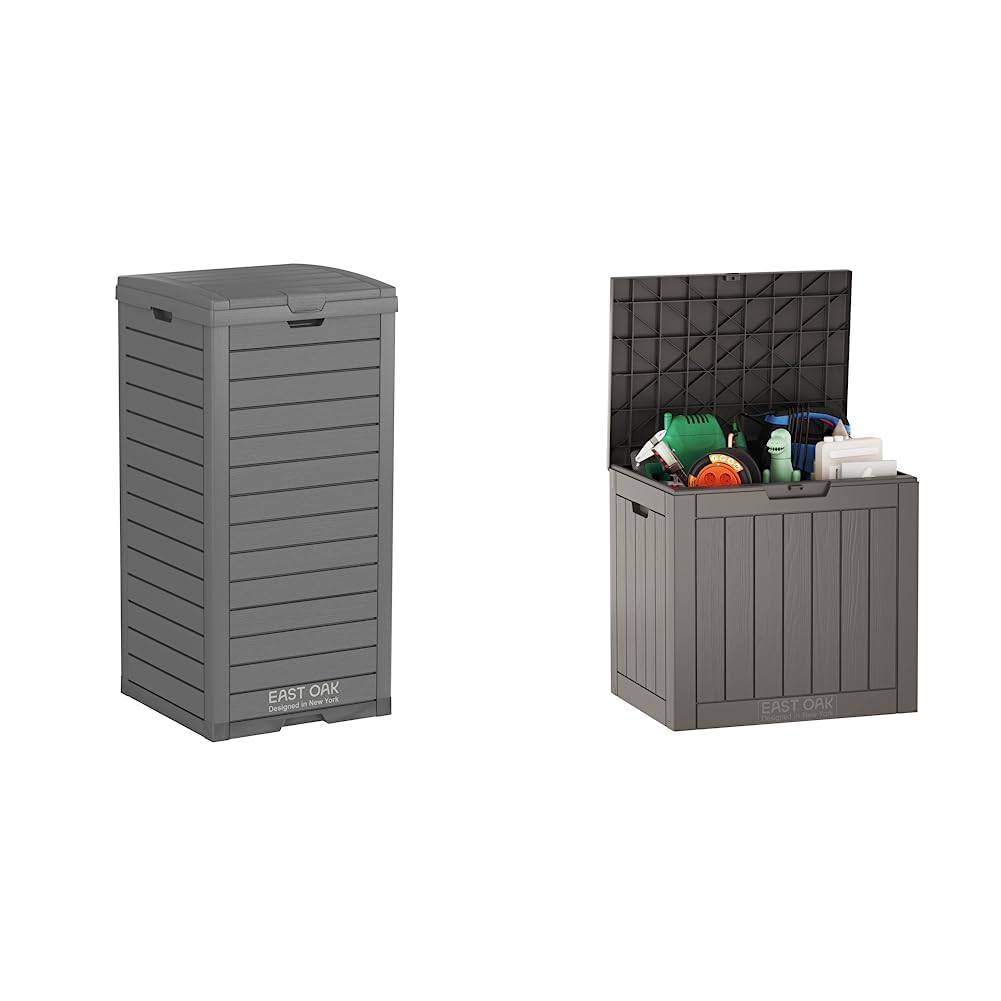 EAST OAK 31 Gallon Outdoor Trash Can, Grey & Deck Box, 31 Gallon Indoor