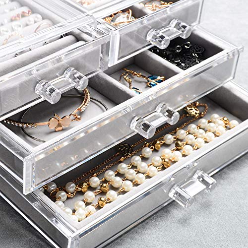 Frebeauty Acrylic Jewelry Box 4 Drawers,Clear Jewelry Organizer Velvet Rings Necklaces Earring Bracelets Display Case Stand Holder Tray For Women Girls (Gray) #TOP2