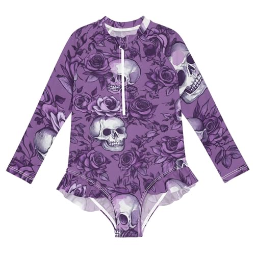 Girls One Piece Swimsuits Long Sleeve Swimsuit Zipper Bathing Suits Purple Rose Skull Skeleton
