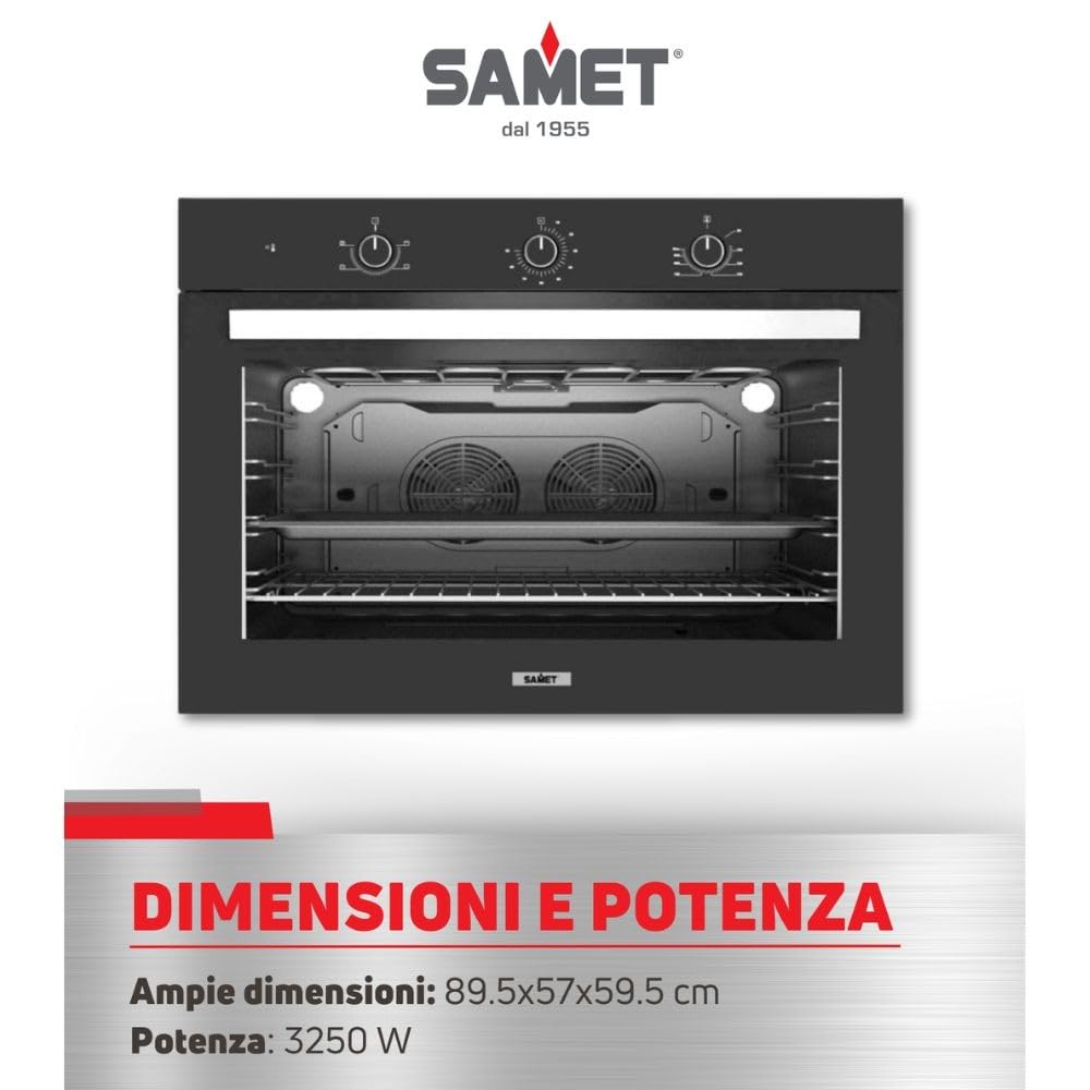 Samet, Forno da Incasso Ventilato 90 cm Apollo Nero, Maxi Forno Multifunzione 100 Litri Classe A, con Doppia Ventola, Doppia Lampada e Timer Meccanico, 89,5x57x59,5 cm