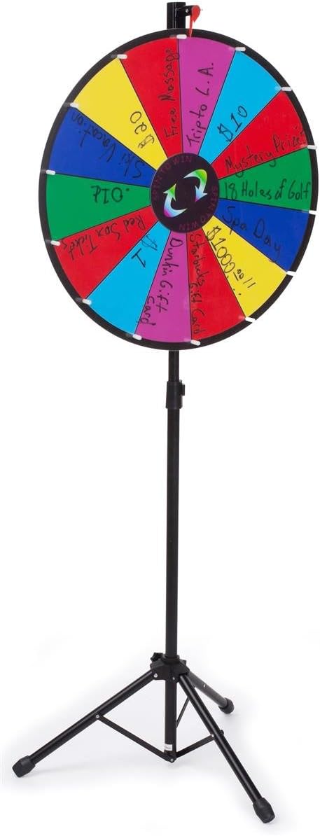 Displays2go Prize Wheel with Height-Adjustable Floor Stand, 24 Inch Write-on Surface for Wet or Dry-Erase Markers, Fourteen Prize Slots, with Carrying Bag