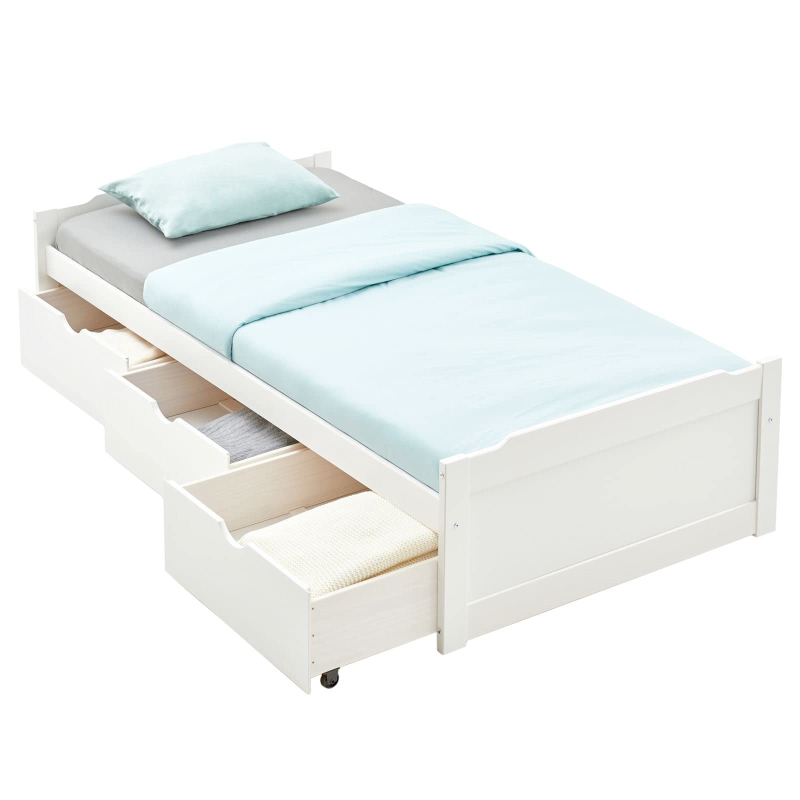 IDIMEX Bett MIA aus massiver Kiefer in weiß, schönes Funktionsbett mit 3 Schubladen, praktisches Jugendbett mit Liegefläche 90 x 190 cm