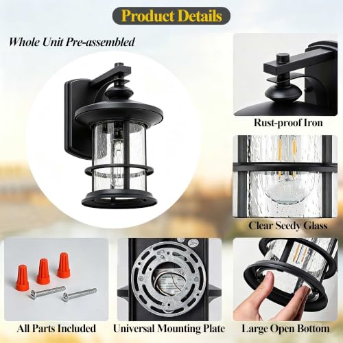 Image of MICSIU 100W Max Modern Industrial Textured Black Outdoor Wall Light 1 Pack | 10 Inch Metal Round Exterior Wall Sconce Lighting, Clear Seedy Glass Porch Light for Entryway, Garage, Front Door