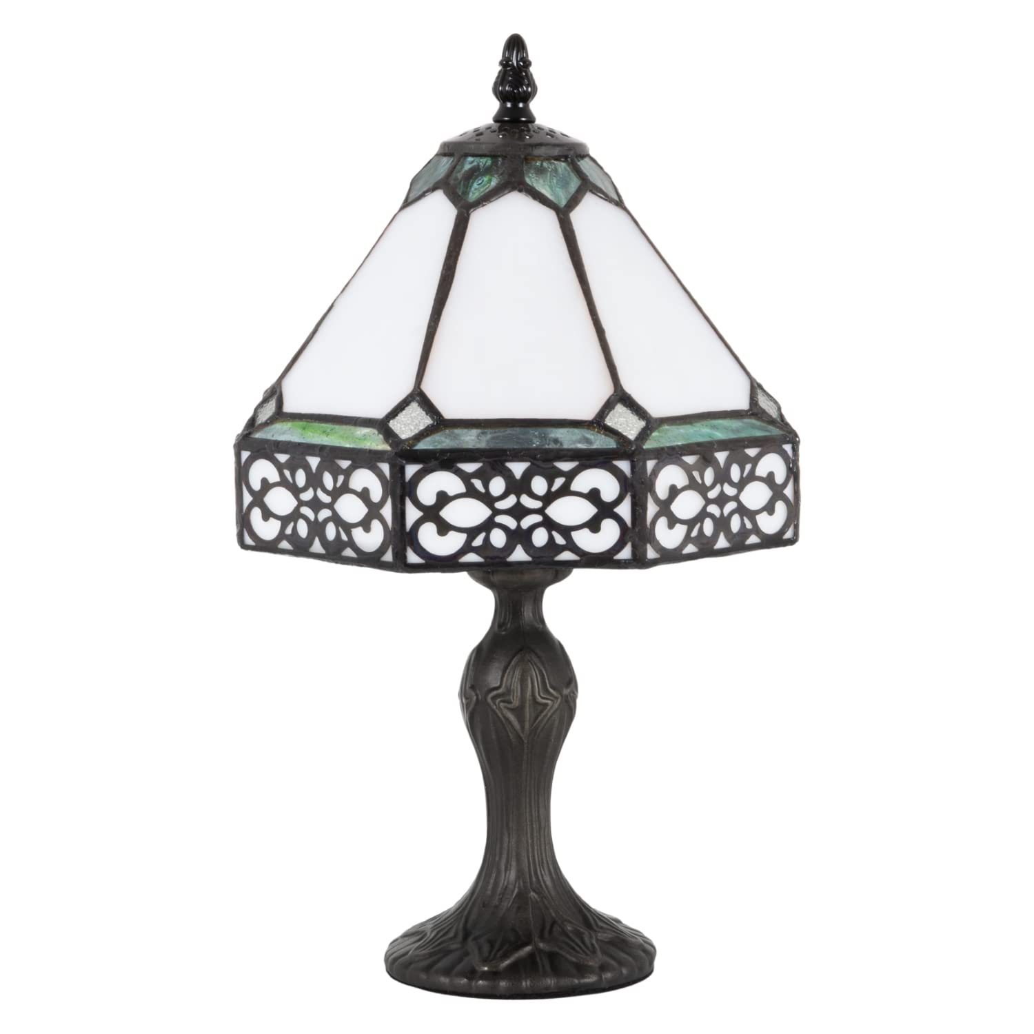 Happy HomewaresStylish Art Deco Tiffany Table Lamp with Emerald Green Decor and Moroccan Metal Scrollwork | 35cm x 20cm | Bronze Base with Inline Cable Switch