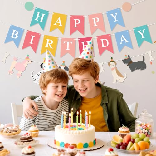 Image of Dog Happy Birthday Banner, Dog Themed Birthday Decoration, Colorful Dogs Party Decorations with Dogs Garlands Banner for Pet Puppy Birthday Party Supplies