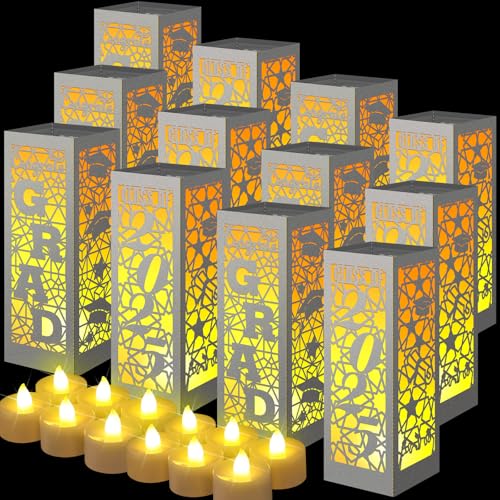 Rossesay 6 Pcs Graduation Table Centerpieces Boxes Class of 2025 Graduation Lanterns for Centerpieces with LED Candles Congrats Grad School College Party for Party Table Decoration (Silver)