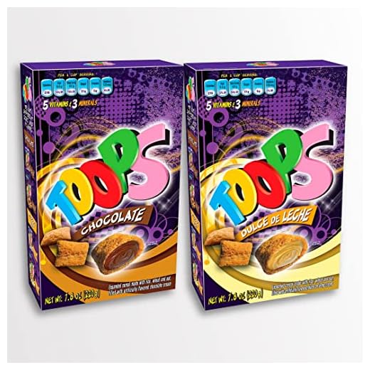 Toops Bundle – Cereal filled with Chocolate Cream 220g / 7.8Oz + Cereal filled with Dulce de Leche cream 220g / 7.8Oz - Contains Vitamins and Minerals made of Rice, Wheat and Oat (2 Pack / 15.6Oz TOTAL)