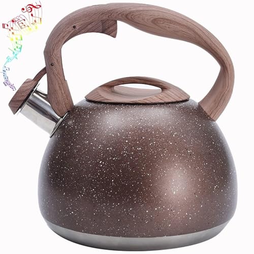 Hervidor de té con silbato para estufa, tetera de acero inoxidable de 3.2 cuartos con mango ergonómico de madera anti-calor, ideal para cocinas domésticas y camping.(marrón)