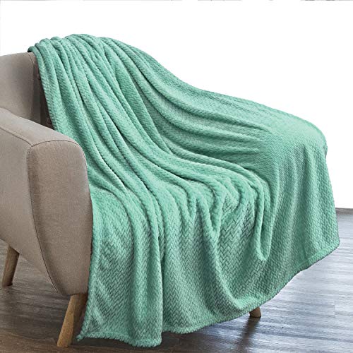 PAVILIA Luxury Flannel Fleece Blanket Throw Teal Mint Green | Soft Decorative Jacquard Weave Microfiber Throw for Bed Sofa Couch | Velvet Textured Leaves Pattern | Lightweight Plush Cozy | 50