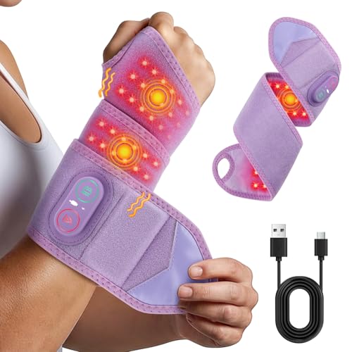 Image of Cordless Wrist Hand Heating Pad Massage for Pain Relief, Rechargeable Heated Wrist Brace for Carpal Tunnel & Arthritis, Red Light Heated Wrist Massager Wrap, Purple
