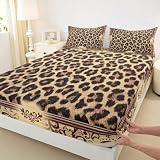 Brown Leopard Print Fitted Sheet Twin Size,Kids Girls Woman Novelty Room Decor,Abstract Wild Animal Skin Bed Cover,Paisley Floral Boho Bedding Set,Rustic Retro Bed Sheet,1 Pillowcase