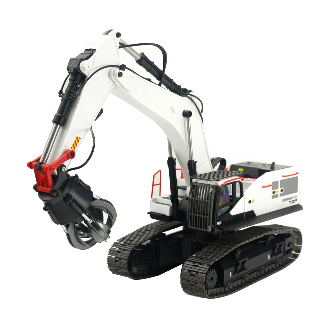 Escavatore RC in lega scala 1/14 con grabber a sfera, artiglio e trapano, telecomando 22CH e luci effetti sonori, regalo per gli amanti dei veicoli da costruzione RC (bianco)