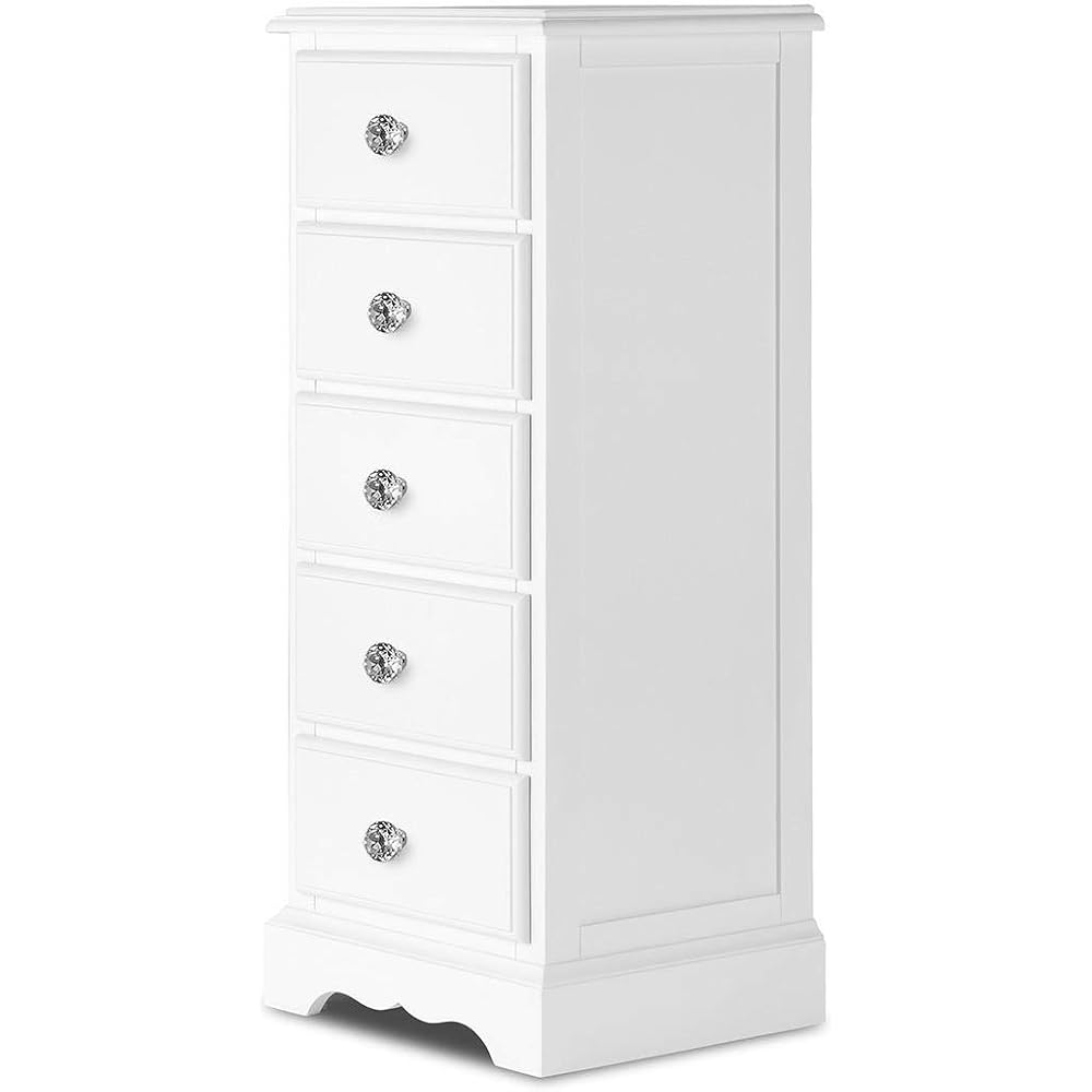 Romance True White 5 Drawer Narrow chest of drawer. French white tallboy with crystal handles