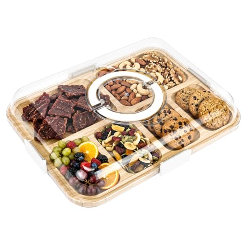 6 Compartments Charcuterie Board with Clear Lid Portable Snackle Box Container with Dustproof Cover Cheese Board Cutting Board & Snack Tray for Kitchen Picnic Party Housewarming Gift (White)