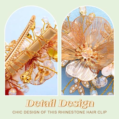 Pinza para cabello dorada con flor y cristales miniatura 6