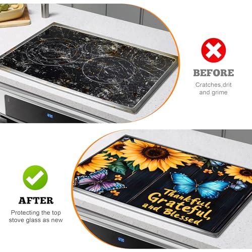Image of Multi-Design Stove Top Cover for Glass /Electric Stoves - 3-in-1 Heat-Resistant Protector Mat, Non-Slip Drying Rack 28 inchx20 inch (Sunflower-Butterfly, 28 inch L x 20 inch W)