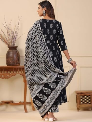 Image of Tee Projekt Women's Cotton Blend V-Neck Anarkali Kurta Pant with Dupatta Set
