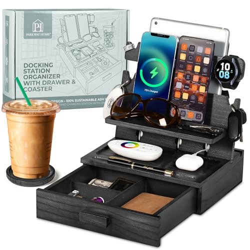 Black Wood Phone Docking Station for up to 3 Phones, Samsung Galaxy Watch Compatible Nightstand Organizer with Drawer for Valuables for Men & Women, Holds Phones, Tablets, Keys, Rings, Glasses, EDC