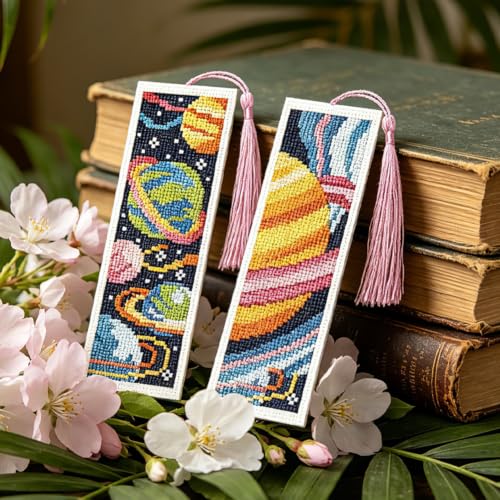 Image of ACRNIGHEET 6PCS Cross Stitch Bookmark Kit for Beginner Stamped Cross Stitch Kits for Adults Planet DIY Tassel Embroidery Bookmark Kits Needlepoint Kit with Instructions Craft Gift 8.5''x3'' 11CT