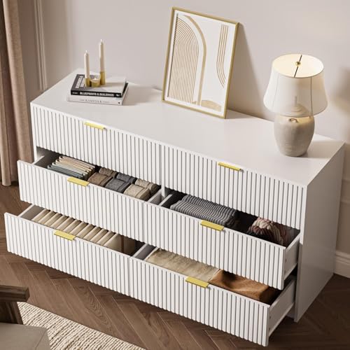 Image of MAISONARIA White 6 Drawer Dresser for Bedroom, 55 inch Wide Modern Chest of Drawers with Gold Metal Handles, Fluted Wood TV Stand for Living Room, Hallway