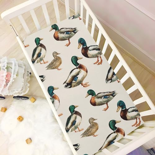 Image of Farm Mallard Duck Retro Crib Sheets Soft Breathable Fitted Baby Crib Sheets Mattress Cover for Girls Boys, 52 inch x 28 inch x 9 inch