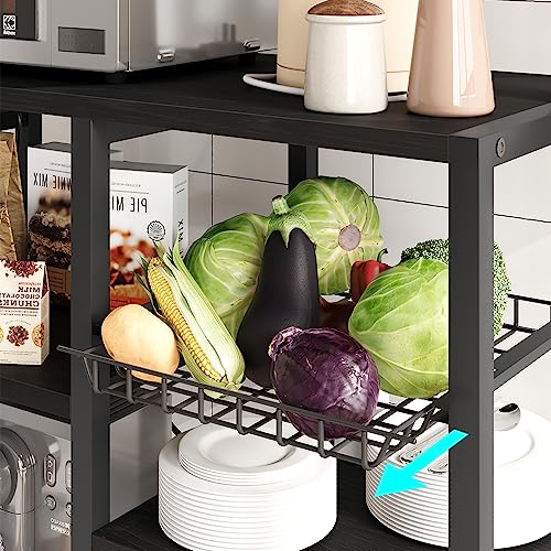 GarveeHome Microwave Stand Bakers Rack with Power Outlet, Kitchen Baker Rack with Wire Basket, 6-Tier Large Freestanding Utility Storage Shelf for Kitchen Dining Living Room, Rustic Black