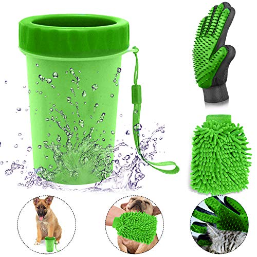Hook Limpiador Patas Perro, Lavadora Huella Portatil Perro, Cepillo para Perros, Guante de Mascotas + Guante de Chenille. (Verde)
