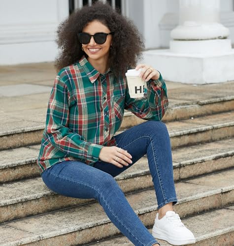 Image of SANGTREE Women and Girls Long Sleeve Flannel Casual Button Down Plaid Shirt